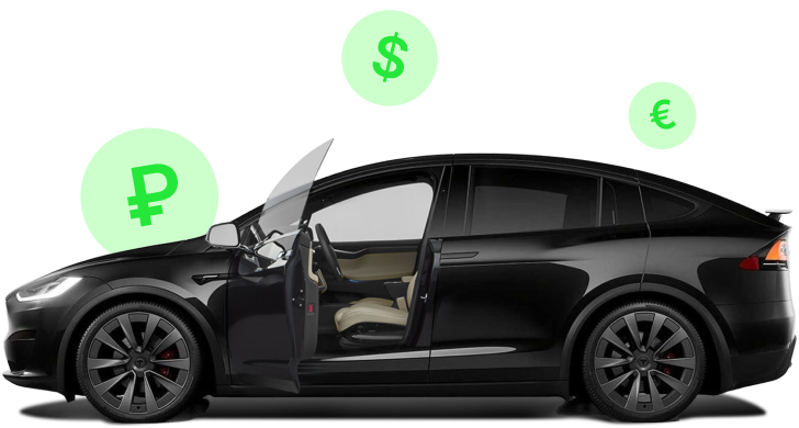 Черная Tesla Model X в окружении денежных знаков